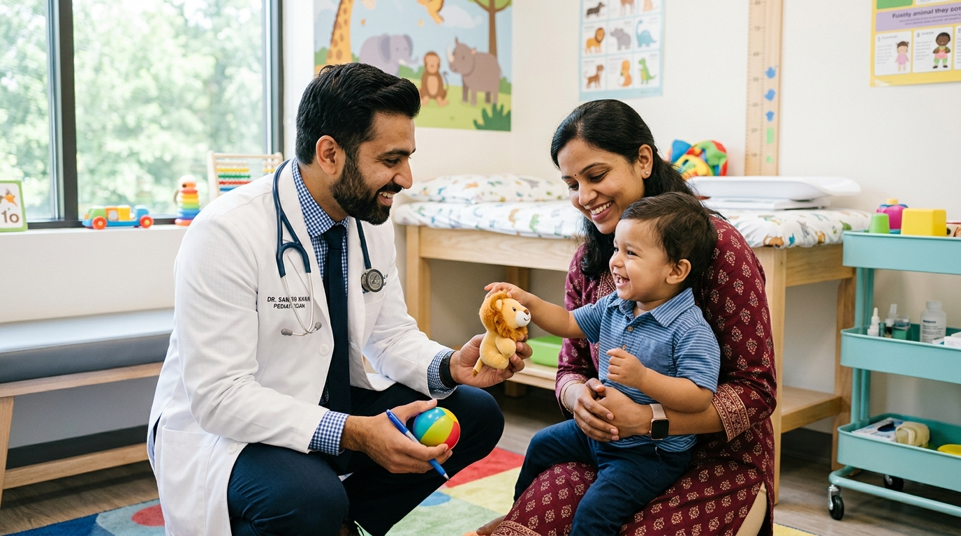 Pediatrician caring for baby at Shankar Children's Hospital